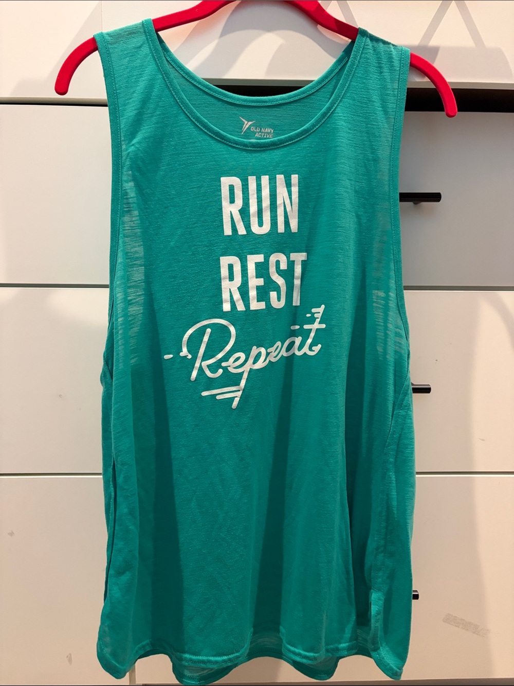 Old Navy Teal Tank Top with White "Run Rest Repeat" Print